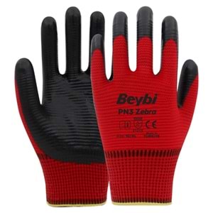 BEYBİ PN3 ZEBRA POLYESTER ÖRME NİTRİL ELDİVEN KIRMIZI NO:9