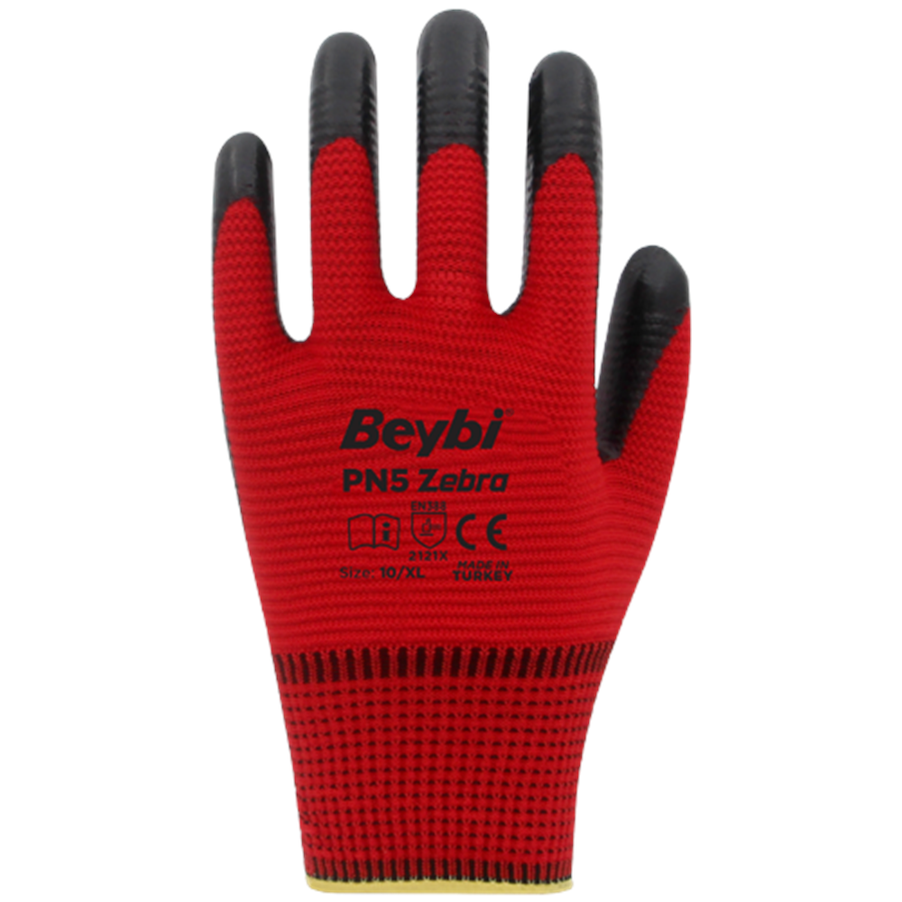 BEYBİ PN5 ZEBRA POLYESTER ÖRME NİTRİL ELDİVEN KIRMIZI NO:10