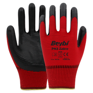 BEYBİ PN3 ZEBRA POLYESTER ÖRME NİTRİL ELDİVEN KIRMIZI NO:10